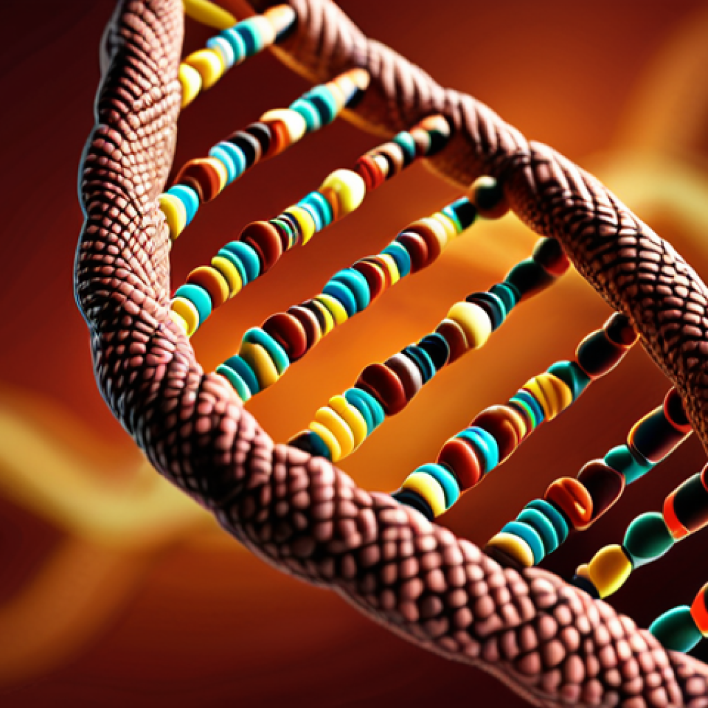 **A DNA helix with Urdu script woven into its structure, symbolizing the story hidden within our genes. Focus on warm, inviting colors.**