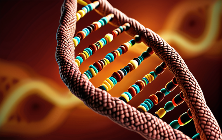 **A DNA helix with Urdu script woven into its structure, symbolizing the story hidden within our genes. Focus on warm, inviting colors.**